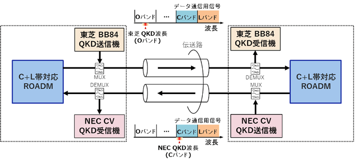 QKDリンクと大容量光伝送システムとの共存実験の構成
