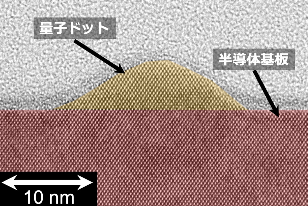 量子ドット断面像（白い点々が原子）