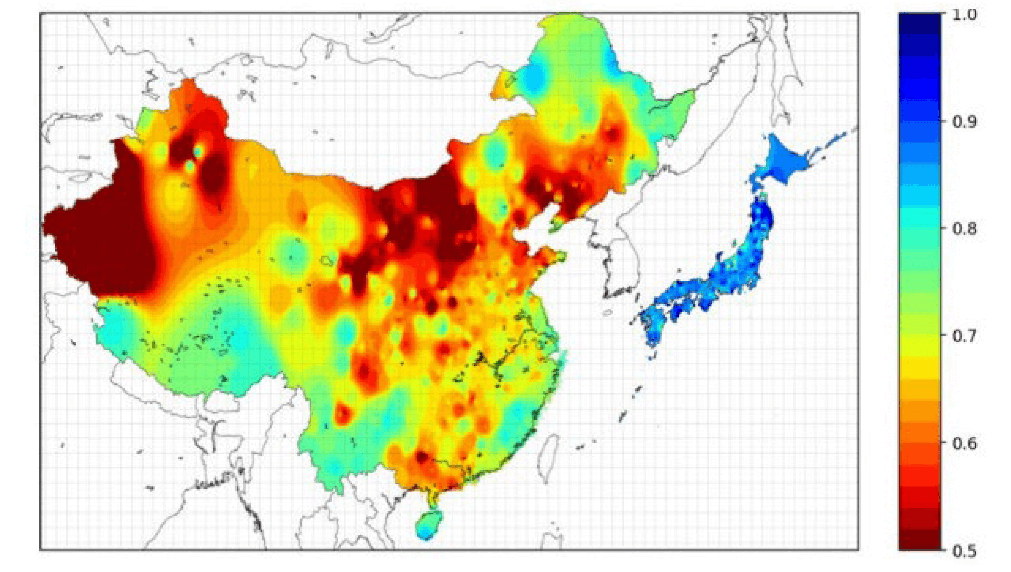 ユーラシア大陸と日本の大気汚染の状態を色分けで示す地図の1つめ。2020年1月1日の大気汚染度地図。大陸は汚染度が高いが、日本列島は汚染度が低い