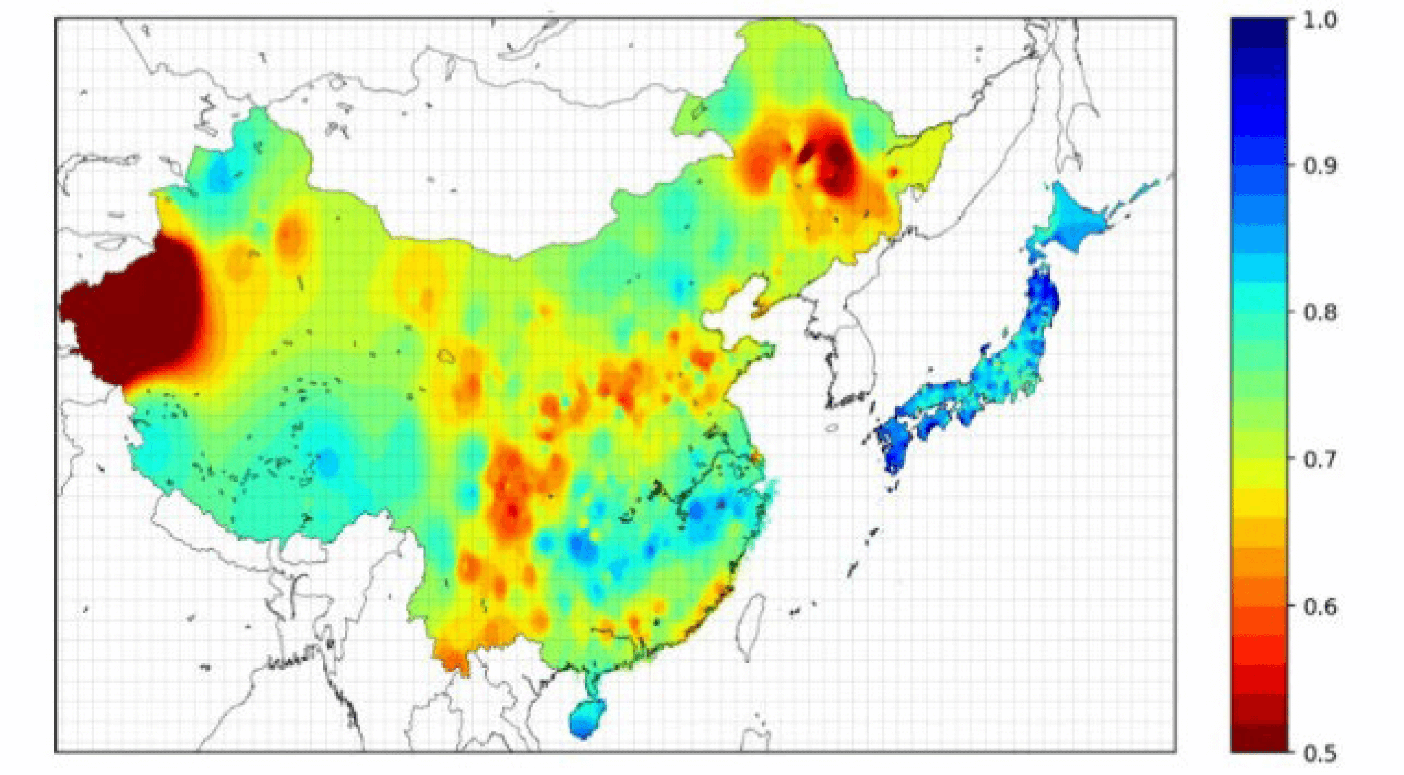 ユーラシア大陸と日本の大気汚染の状態を色分けで示す地図の2つめ。2020年、3月1日の大気汚染度地図。大気汚染が高いことを示す色が、ユーラシア大陸で大きく減少した