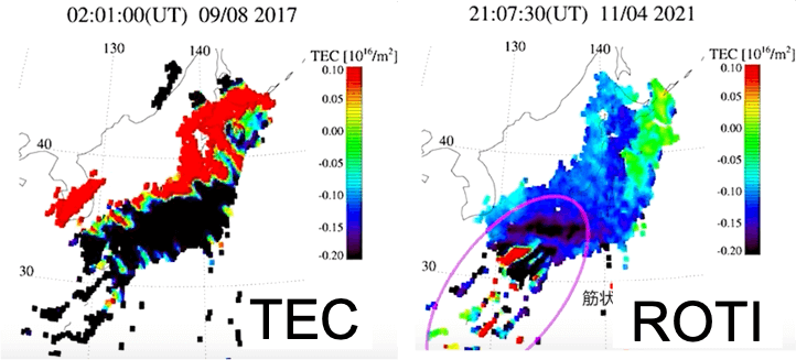 リンク先の時系列マップから、全電子数と電子密度擾乱指数の一例の静止画