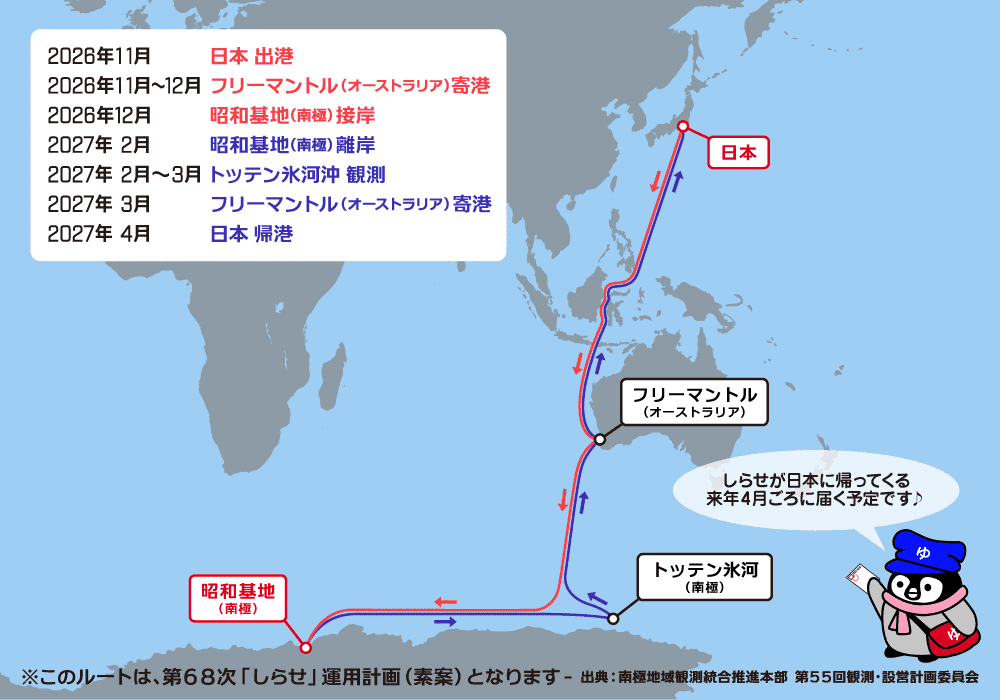 日本から南極までのルートマップ
