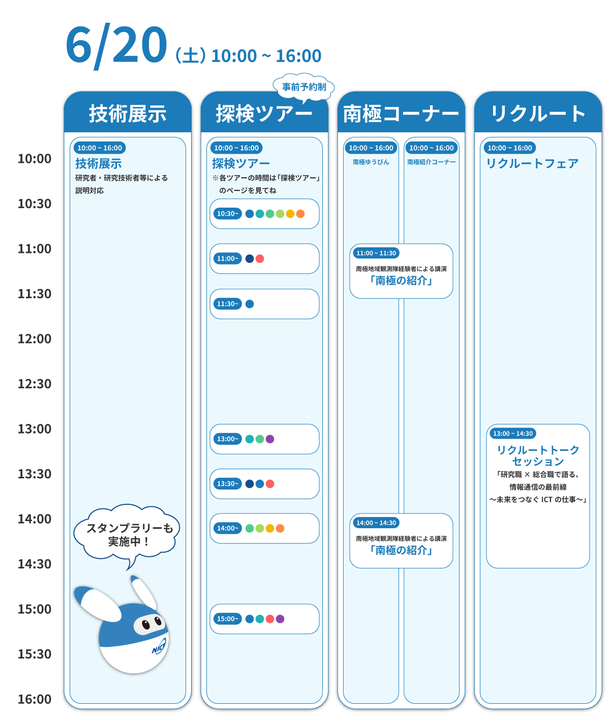 6/20のタイムテーブル｜10:00-16:00 技術展示・探検ツアー・南極コーナー・リクルートコーナー｜11:00-11:30,14:00-14:30 南極観測隊経験者による講演「南極の紹介」｜13:00-14:30 リクルートトークセッション