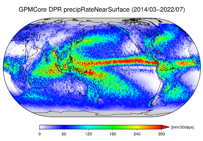 TRMM PRで観測された全球の降水量分布